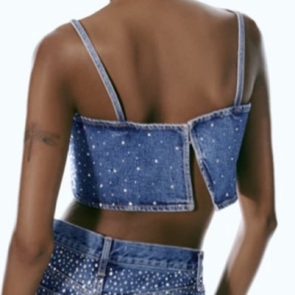 Rhinestone denim crop top - Picture 2 of 5